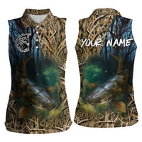 Catfish Fishing Underwater Scene Women Sleeveless Polo Shirt Custom Name Swamp Grass and Camouflage - Wonder Print Shop