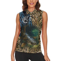 Catfish Fishing Underwater Scene Women Sleeveless Polo Shirt Custom Name Swamp Grass and Camouflage - Wonder Print Shop