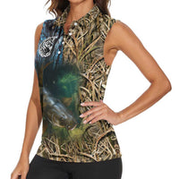 Catfish Fishing Underwater Scene Women Sleeveless Polo Shirt Custom Name Swamp Grass and Camouflage - Wonder Print Shop