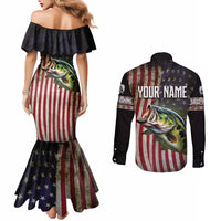 American Flag Largemouth Bass Fishing Couples Matching Mermaid Dress and Long Sleeve Button Shirt Jumping Fish Graphic and Custom Name Design - Wonder Print Shop