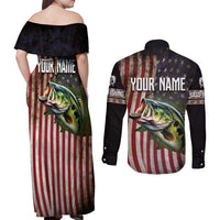American Flag Largemouth Bass Fishing Couples Matching Off Shoulder Maxi Dress and Long Sleeve Button Shirt Jumping Fish Graphic and Custom Name Design - Wonder Print Shop