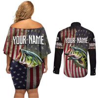 American Flag Largemouth Bass Fishing Couples Matching Off Shoulder Short Dress and Long Sleeve Button Shirt Jumping Fish Graphic and Custom Name Design - Wonder Print Shop