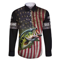 American Flag Largemouth Bass Fishing Family Matching Off The Shoulder Long Sleeve Dress and Hawaiian Shirt Jumping Fish Graphic and Custom Name Design - Wonder Print Shop