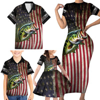 American Flag Largemouth Bass Fishing Family Matching Short Sleeve Bodycon Dress and Hawaiian Shirt Jumping Fish Graphic and Custom Name Design - Wonder Print Shop