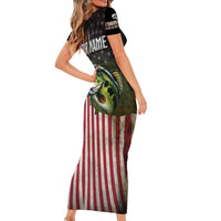 American Flag Largemouth Bass Fishing Family Matching Short Sleeve Bodycon Dress and Hawaiian Shirt Jumping Fish Graphic and Custom Name Design - Wonder Print Shop
