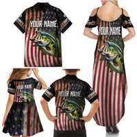 American Flag Largemouth Bass Fishing Family Matching Summer Maxi Dress and Hawaiian Shirt Jumping Fish Graphic and Custom Name Design - Wonder Print Shop