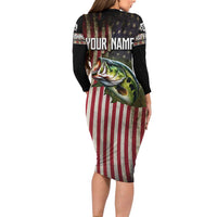American Flag Largemouth Bass Fishing Long Sleeve Bodycon Dress Jumping Fish Graphic and Custom Name Design - Wonder Print Shop