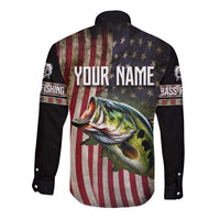 American Flag Largemouth Bass Fishing Long Sleeve Button Shirt Jumping Fish Graphic and Custom Name Design - Wonder Print Shop