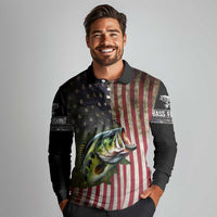 American Flag Largemouth Bass Fishing Long Sleeve Polo Shirt Jumping Fish Graphic and Custom Name Design - Wonder Print Shop