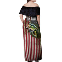 American Flag Largemouth Bass Fishing Off Shoulder Maxi Dress Jumping Fish Graphic and Custom Name Design - Wonder Print Shop