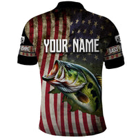 American Flag Largemouth Bass Fishing Polo Shirt Jumping Fish Graphic and Custom Name Design - Wonder Print Shop