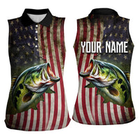 American Flag Largemouth Bass Fishing Women Sleeveless Polo Shirt Jumping Fish Graphic and Custom Name Design - Wonder Print Shop