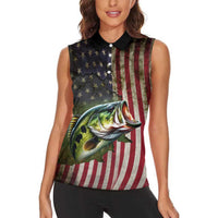 American Flag Largemouth Bass Fishing Women Sleeveless Polo Shirt Jumping Fish Graphic and Custom Name Design - Wonder Print Shop