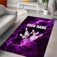 Bowling Ball and Pins Area Rug Purple Lightning Background and Custom Name Design - Wonder Print Shop