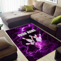 Bowling Ball and Pins Area Rug Purple Lightning Background and Custom Name Design - Wonder Print Shop