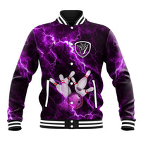 Bowling Ball and Pins Baseball Jacket Purple Lightning Background and Custom Name Design - Wonder Print Shop