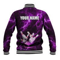 Bowling Ball and Pins Baseball Jacket Purple Lightning Background and Custom Name Design - Wonder Print Shop