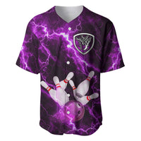 Bowling Ball and Pins Baseball Jersey Purple Lightning Background and Custom Name Design - Wonder Print Shop