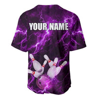 Bowling Ball and Pins Baseball Jersey Purple Lightning Background and Custom Name Design - Wonder Print Shop