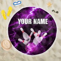 Bowling Ball and Pins Beach Blanket Purple Lightning Background and Custom Name Design - Wonder Print Shop
