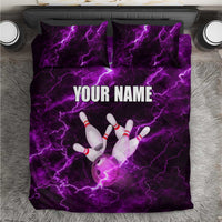 Bowling Ball and Pins Bedding Set Purple Lightning Background and Custom Name Design - Wonder Print Shop