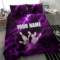 Bowling Ball and Pins Bedding Set Purple Lightning Background and Custom Name Design - Wonder Print Shop