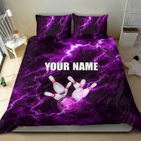Bowling Ball and Pins Bedding Set Purple Lightning Background and Custom Name Design - Wonder Print Shop