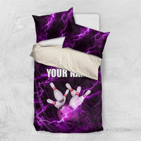 Bowling Ball and Pins Bedding Set Purple Lightning Background and Custom Name Design - Wonder Print Shop