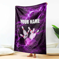 Bowling Ball and Pins Blanket Purple Lightning Background and Custom Name Design - Wonder Print Shop