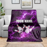 Bowling Ball and Pins Blanket Purple Lightning Background and Custom Name Design - Wonder Print Shop