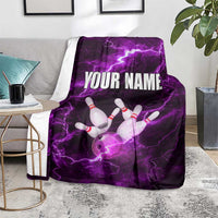 Bowling Ball and Pins Blanket Purple Lightning Background and Custom Name Design - Wonder Print Shop