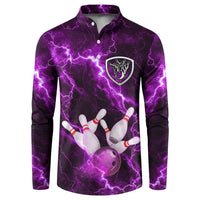 Bowling Ball and Pins Button Sweatshirt Purple Lightning Background and Custom Name Design - Wonder Print Shop