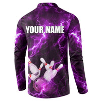Bowling Ball and Pins Button Sweatshirt Purple Lightning Background and Custom Name Design - Wonder Print Shop
