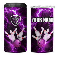 Bowling Ball and Pins 4 in 1 Can Cooler Tumbler Purple Lightning Background and Custom Name Design - Wonder Print Shop