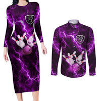 Bowling Ball and Pins Couples Matching Long Sleeve Bodycon Dress and Long Sleeve Button Shirt Purple Lightning Background and Custom Name Design - Wonder Print Shop