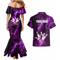 Bowling Ball and Pins Couples Matching Mermaid Dress and Hawaiian Shirt Purple Lightning Background and Custom Name Design - Wonder Print Shop