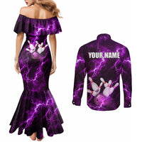 Bowling Ball and Pins Couples Matching Mermaid Dress and Long Sleeve Button Shirt Purple Lightning Background and Custom Name Design - Wonder Print Shop