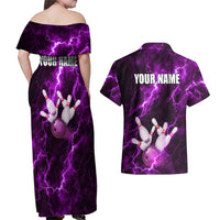 Bowling Ball and Pins Couples Matching Off Shoulder Maxi Dress and Hawaiian Shirt Purple Lightning Background and Custom Name Design - Wonder Print Shop