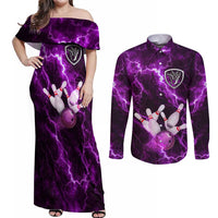 Bowling Ball and Pins Couples Matching Off Shoulder Maxi Dress and Long Sleeve Button Shirt Purple Lightning Background and Custom Name Design - Wonder Print Shop