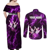 Bowling Ball and Pins Couples Matching Off Shoulder Maxi Dress and Long Sleeve Button Shirt Purple Lightning Background and Custom Name Design - Wonder Print Shop