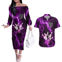 Bowling Ball and Pins Couples Matching Off The Shoulder Long Sleeve Dress and Hawaiian Shirt Purple Lightning Background and Custom Name Design - Wonder Print Shop