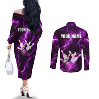 Bowling Ball and Pins Couples Matching Off The Shoulder Long Sleeve Dress and Long Sleeve Button Shirt Purple Lightning Background and Custom Name Design - Wonder Print Shop