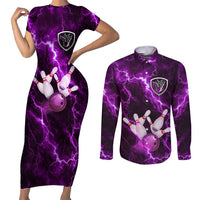 Bowling Ball and Pins Couples Matching Short Sleeve Bodycon Dress and Long Sleeve Button Shirt Purple Lightning Background and Custom Name Design - Wonder Print Shop
