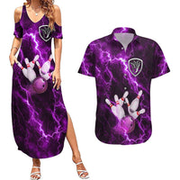 Bowling Ball and Pins Couples Matching Summer Maxi Dress and Hawaiian Shirt Purple Lightning Background and Custom Name Design - Wonder Print Shop
