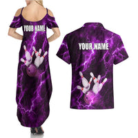 Bowling Ball and Pins Couples Matching Summer Maxi Dress and Hawaiian Shirt Purple Lightning Background and Custom Name Design - Wonder Print Shop