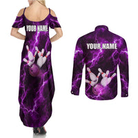 Bowling Ball and Pins Couples Matching Summer Maxi Dress and Long Sleeve Button Shirt Purple Lightning Background and Custom Name Design - Wonder Print Shop