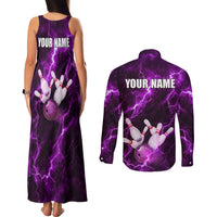 Bowling Ball and Pins Couples Matching Tank Maxi Dress and Long Sleeve Button Shirt Purple Lightning Background and Custom Name Design - Wonder Print Shop