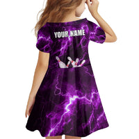 Bowling Ball and Pins Family Matching Long Sleeve Bodycon Dress and Hawaiian Shirt Purple Lightning Background and Custom Name Design - Wonder Print Shop
