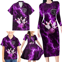 Bowling Ball and Pins Family Matching Long Sleeve Bodycon Dress and Hawaiian Shirt Purple Lightning Background and Custom Name Design - Wonder Print Shop