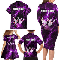 Bowling Ball and Pins Family Matching Long Sleeve Bodycon Dress and Hawaiian Shirt Purple Lightning Background and Custom Name Design - Wonder Print Shop